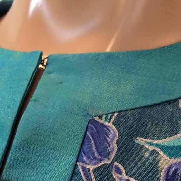 Vintage 80s Asian Blazer Jacket Satin Floral Frog Button Mandarin Collar Teal - Picture 7 of 11